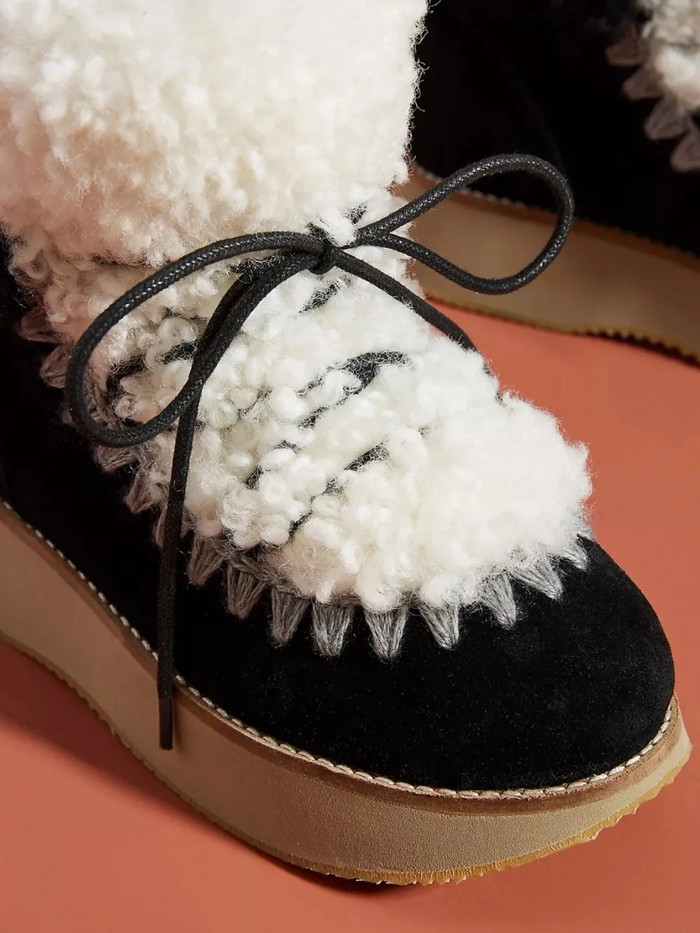 Mou Black and White Shearling Lace-Up Platform Boot